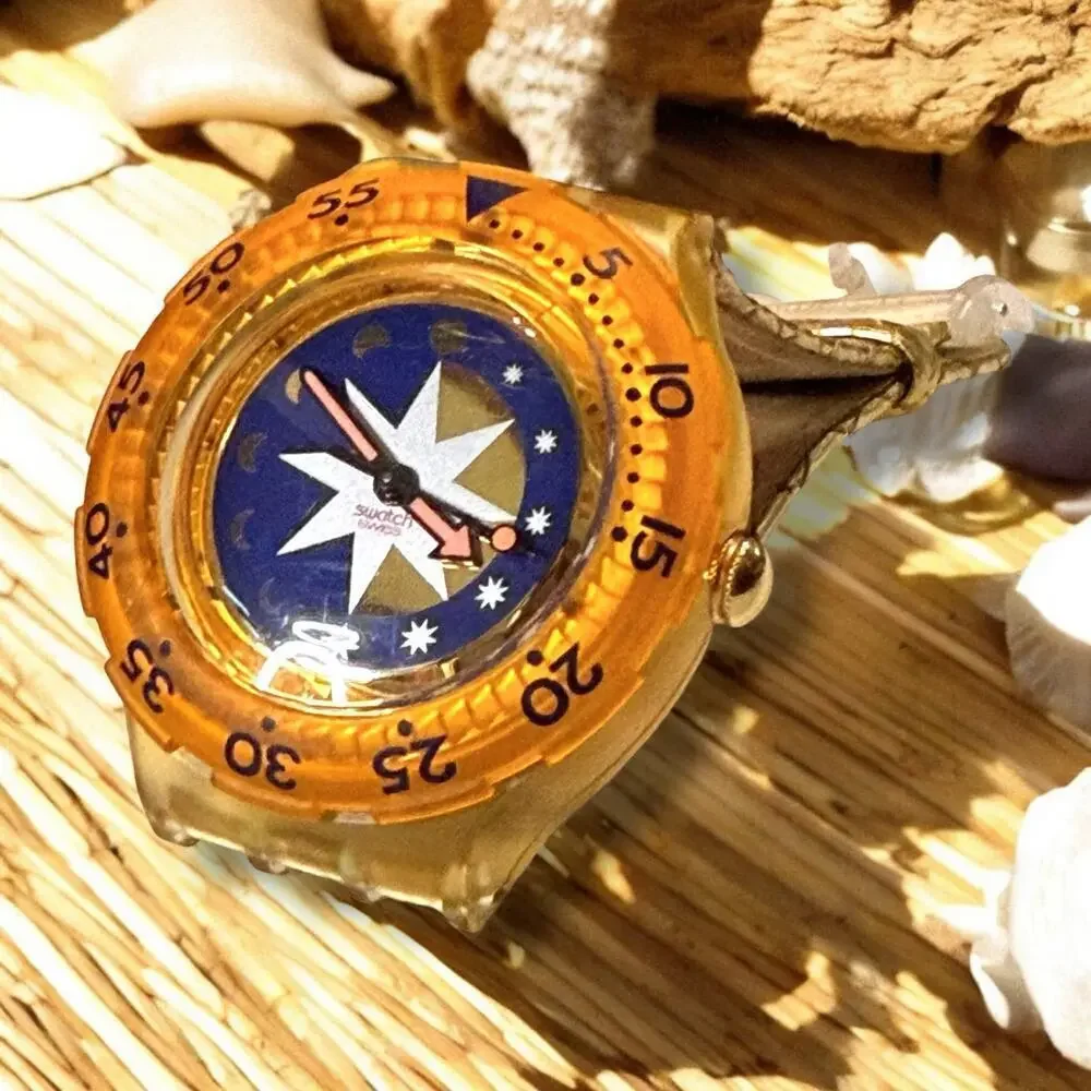 Vintage Swatch Scuba 200 Golden Island model SDK112 Orange Gold Blue Quartz RUNS